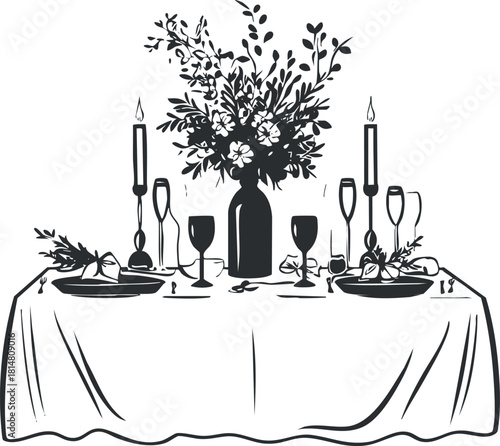 Elegant black and white vector illustration of a beautifully arranged dining table with flowers, candles, and tableware for events and celebrations