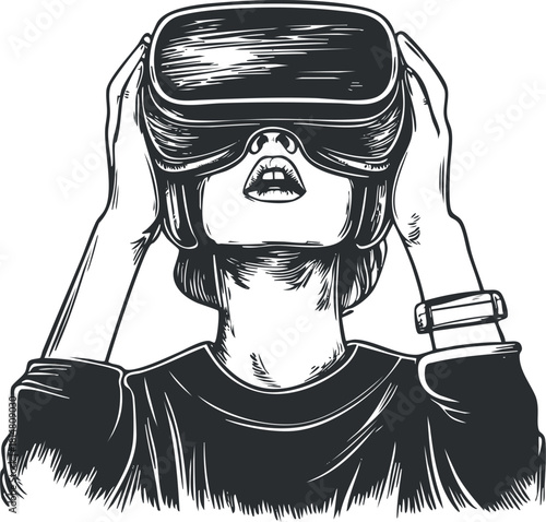 Hand-drawn vector illustration of a person experiencing virtual reality with a headset, perfect for tech and gaming design projects