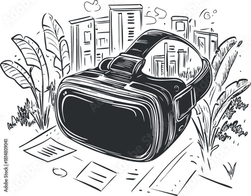 Hand-drawn vector illustration of a virtual reality headset in an urban setting, perfect for technology and design projects
