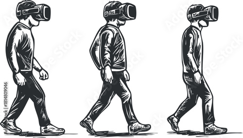Stylized black and white vector illustration of a person walking in virtual reality headgear, showcasing technology and modern lifestyle concepts