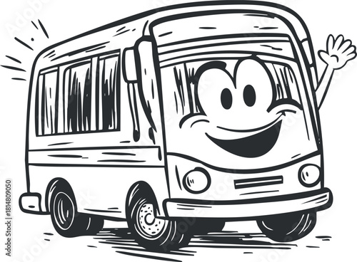 Cartoon-style line drawing of a smiling bus character, perfect for children's illustrations and educational materials
