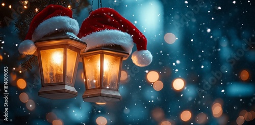 Festive Lanterns Decorated With Santa Hats Illuminate a Snowy Evening