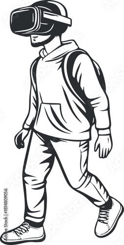 Stylized vector illustration of a person wearing a virtual reality headset, walking in a modern urban setting, suitable for technology and gaming themes