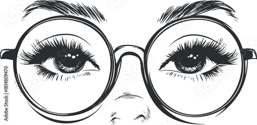 Stylized black and white vector illustration of expressive eyes behind round glasses, perfect for fashion and beauty design projects