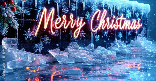 Festive scene. Glowing Merry Christmas text over ice, snow, dark background. Winter holiday greeting, bright colors, cool tones.