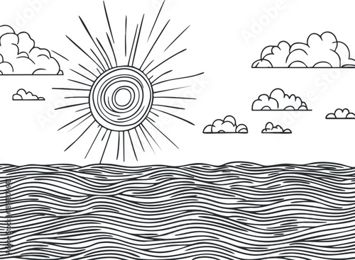 Stylized line art illustration of the sun rising above the ocean with clouds in a minimalist design