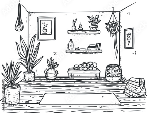 Hand-drawn vector illustration of a cozy interior space featuring plants, furniture, and decorative elements for home decor inspiration