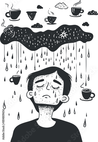 Creative black and white vector illustration of a person contemplating coffee-related thoughts with clouds and rain elements.