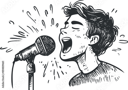 Dynamic sketch of a singer passionately performing into a microphone, perfect for music and entertainment themed projects