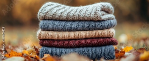 Warm and Cozy Wool Sweaters Stacked in a Fall Setting With Colorful Leaves