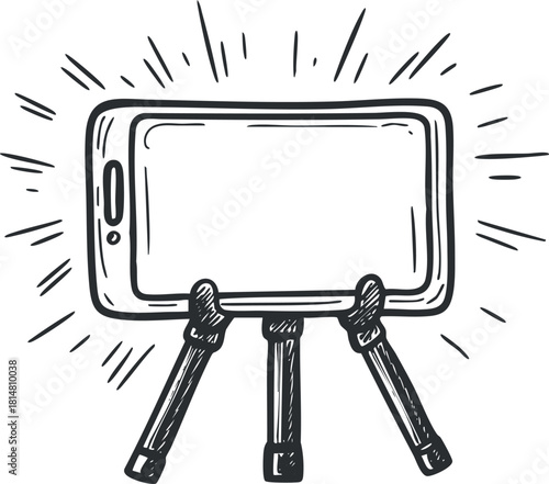Hand-drawn vector illustration of a smartphone on a stand with radiating lines, ideal for tech and design projects
