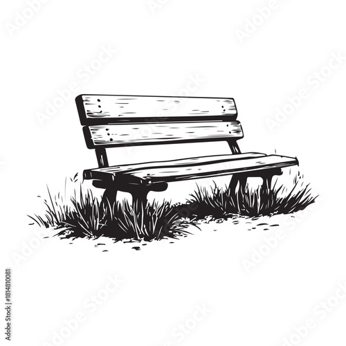 wooden park bench with grass and flowers silhouette