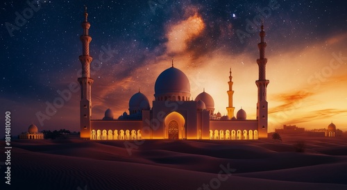 Majestic Mosque Against a Starry Sky in the Desert at Twilight