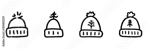 Winter Beanie Hat Line Icon Set In Doodle Style. Seasonal Fashion, Warm Clothing, And Winter Accessories Outline Sketch Collection. Hand Drawn Isolated Vector Illustration