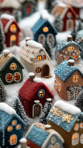 Colorful Miniature Houses Surrounded by Trees Create a Festive Winter Scene f...