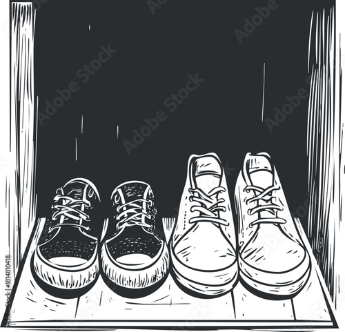 Stylish hand-drawn vector illustration of two pairs of sneakers in a minimalist design for fashion and lifestyle branding