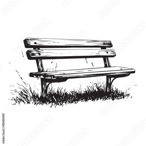 wooden park bench with grass and flowers silhouette