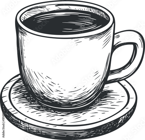 Hand-drawn black and white vector illustration of a coffee cup on a saucer, perfect for cafe menus and beverage branding