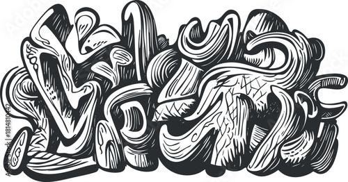 Stylish black and white vector illustration of graffiti art showcasing abstract forms and dynamic lines for urban design projects