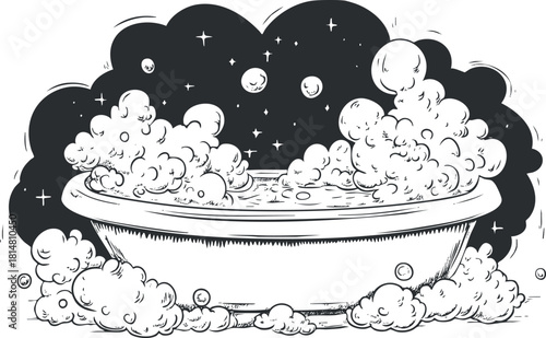 Whimsical outline illustration of a bathtub filled with bubbles and foam, ideal for spa or wellness themes