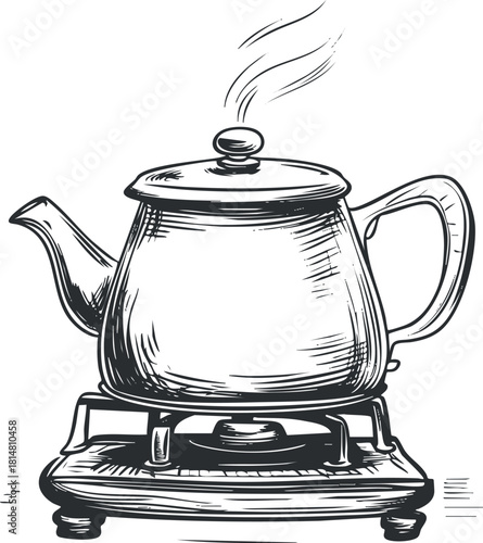 Hand-drawn vintage vector illustration of a teapot on a stove, ideal for culinary design projects and home decor.