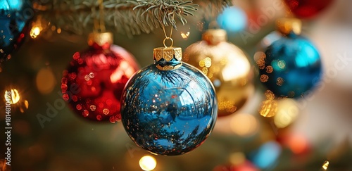 Colorful Christmas Ornaments Hang on a Snowy Tree Branch During a Bright Wint...