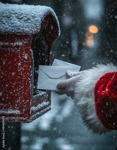 Santa Claus Delivering a Letter to a Decorated Mailbox in a Snowy Forest
