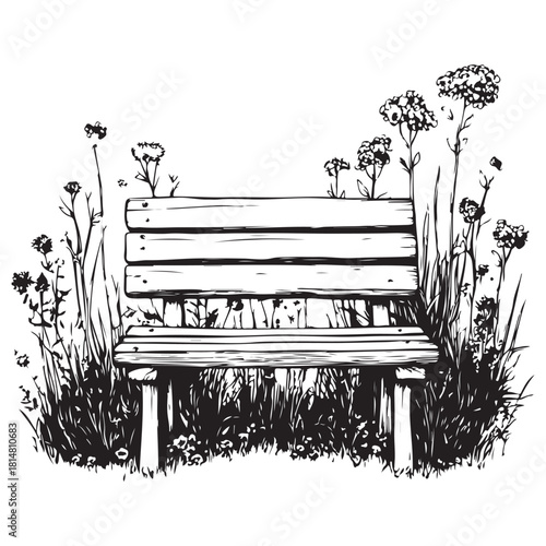 wooden park bench with grass and flowers silhouette
