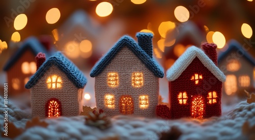 Colorful Knitted Houses Lit up for a Cozy Winter Evening Decor in a Festive S...