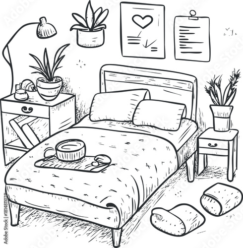 Hand-drawn vector illustration of a cozy bedroom scene featuring a bed, potted plants, and decorative items for interior design.