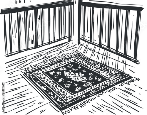 Sketch-style vector illustration of a traditional rug placed in a cozy corner, suitable for interior design projects.