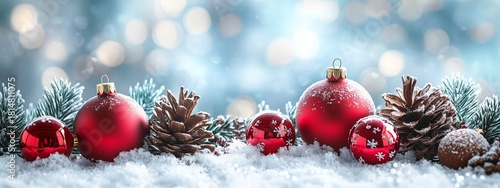Festive Red Ornaments and Pine Cones on a Snowy Landscape During Winter Season