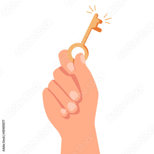 Masters hand holding key icon, unlocking, opening door to success. Access to secret, security and private.
