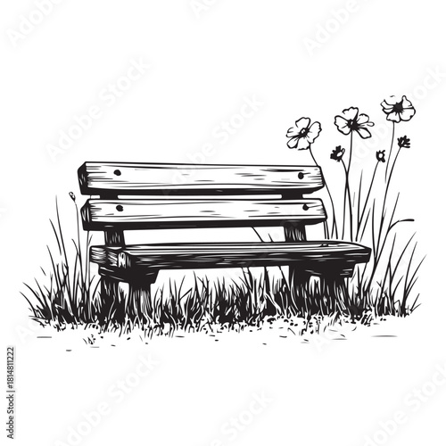 wooden park bench with grass and flowers silhouette
