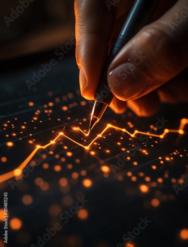 Hand Drawing Financial Graph With Orange Lines on Dark Background
