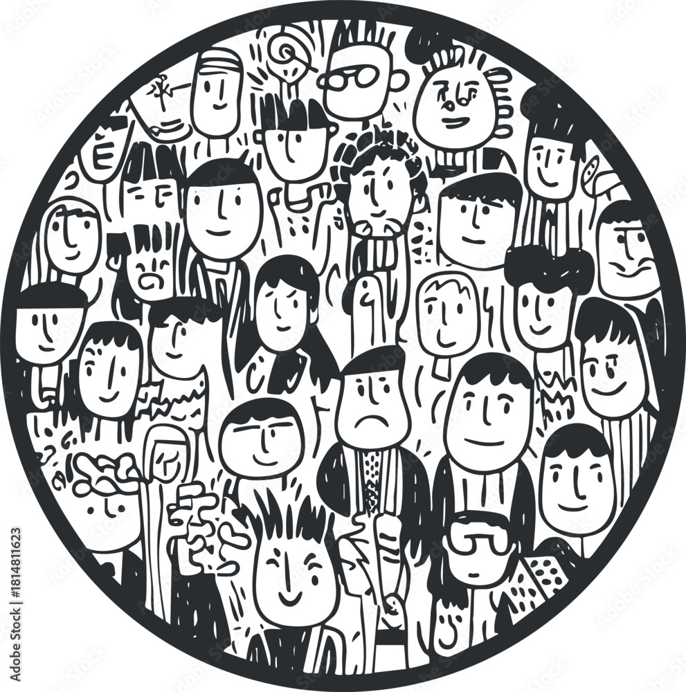 Fototapeta premium Whimsical black and white vector illustration of diverse characters in a circular arrangement, perfect for creative design projects.