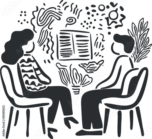 Abstract black and white vector illustration of two people engaged in a conversation, surrounded by thoughts and ideas for mental health and collaboration themes