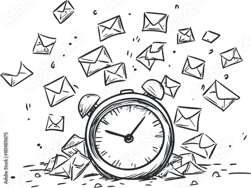 Hand-drawn vector illustration of an alarm clock surrounded by flying envelopes, symbolizing urgency and communication for design projects.