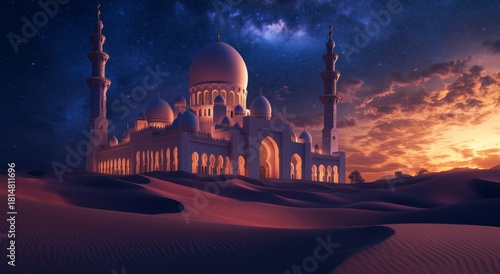 Majestic Mosque Illuminated Under a Starry Night Sky in a Desert Landscape