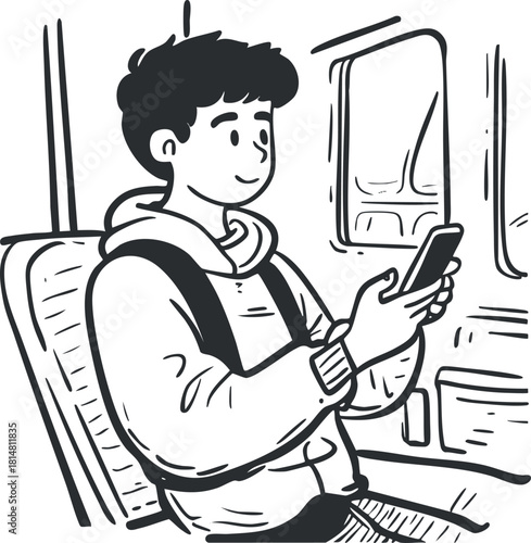 Casual line art vector illustration of a young adult sitting and using a smartphone while relaxed in a modern setting