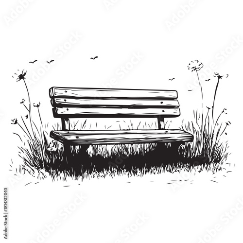 wooden park bench with grass and flowers silhouette