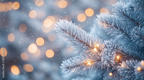 Snowy Pine Branches Adorned With Pinecones and Warm Bokeh Lights on a Winter ...