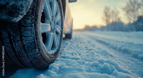 Snow Covered Road With Vehicle Tire Struggling in Winter Weather Conditions