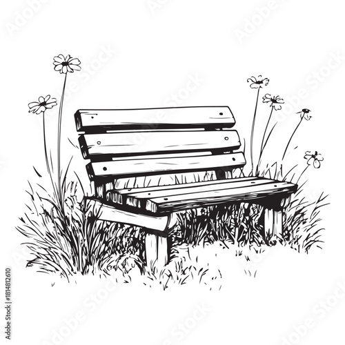 wooden park bench with grass and flowers silhouette