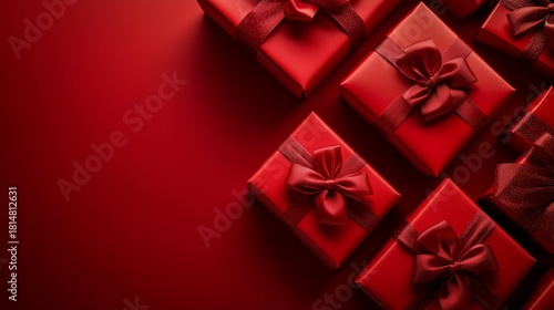 Beautifully Wrapped Red Gifts on a Vivid Red Background Creating a Festive At...