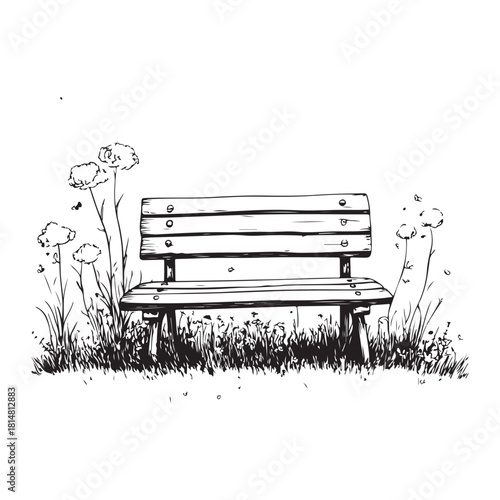 wooden park bench with grass and flowers silhouette