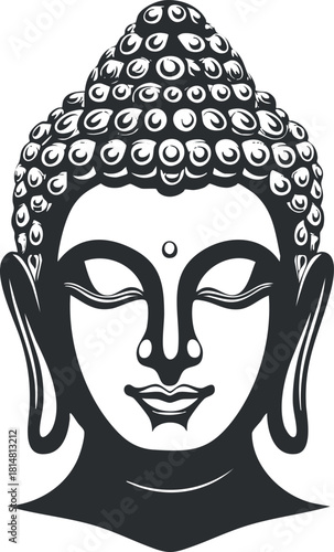 Stylized black and white vector illustration of a serene Buddha head, ideal for spiritual and meditation-themed design projects