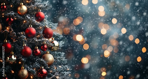 Snowy Winter Scene With Decorated Christmas Tree and Glowing Lights Outdoors ...
