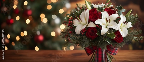 Holiday Floral Arrangement With White Lilies and Red Roses on a Wooden Table by Christmas Tree