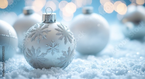 Decorative Silver Ornaments on Snow-Inspired Background During Winter Holidays